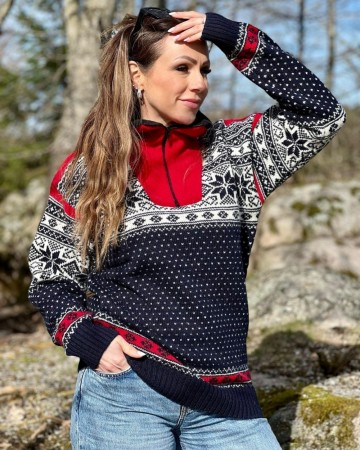 Nordlys Mønstret ullgenser til dame og herre marine natur rød