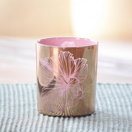 Telysholder Gull/rosa med blomst 2pk L